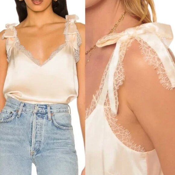 CAMI NYC Freya V Neck Silk Lace Trim Bow Shoulder Cami Top in Ceramic Ivory XXS - Picture 2 of 7